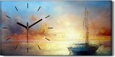 Produktbild von Leinwand Wanduhr Wandkunst Uhr Geräuschlos 60x30 Segelboot Sonnenuntergang Meer - schwarze Hände