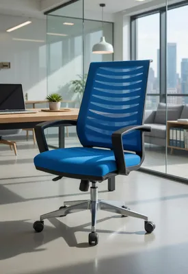 Zdjęcie produktu dla Niebieskie krzesło biurowe z ergonomicznym oparciem i stabilną ramą