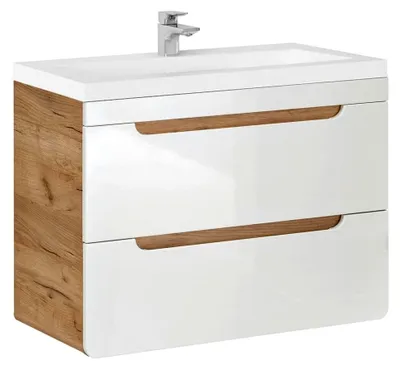 Produktbild von Badmöbel Waschtisch Set mit 81 cm Unterschrank und Keramik Waschbecken, Hochglanz weiß, 2 Softclose-Schubkästen