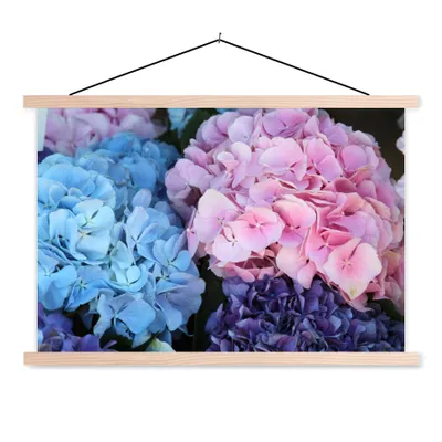 Produktbild von MuchoWow® Textilposter Blumen - Strauch - Hortensie - Botanisch 120x80 cm mit holzfarbenen Rahmen - Aufhängeset