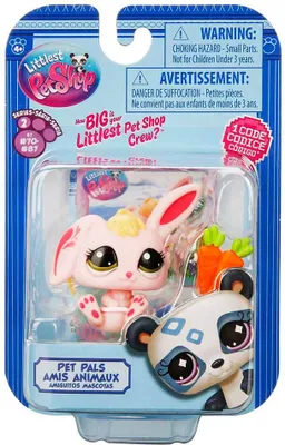 A packaged Littlest Pet Shop toy set featuring a pink bunny and a panda with carrots.