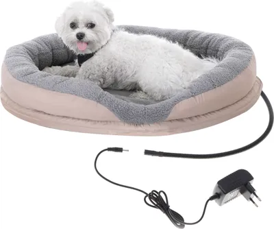 A small white dog is lying in a heated pet bed with a power adapter and cord visible in the foreground.