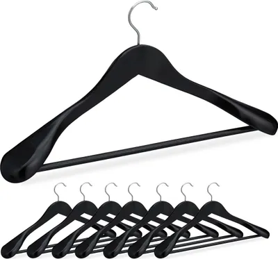 Immagine prodotto di Relaxdays - Set di 8 grucce per abiti, spalle larghe, barra per pantaloni, per giacche, camicie e pantaloni, grucce in legno, nero