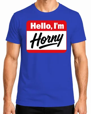 Immagine prodotto di T-shirt da uomo, taglia XXL, colore blu, con scritta divertente: "Ciao, sono Horny". Ideale come regalo per una festa