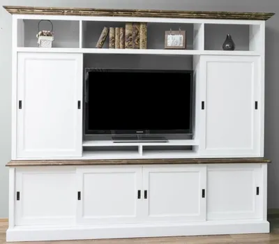 Produktbild von Casa Padrino Landhausstil Fernsehschrank mit 6 Schiebetüren Weiß / Braun 254 x 46 x H. 210 cm - Massivholz TV Schrank - Wohnzimmerschrank - Landhausstil Wohnzimmermöbel