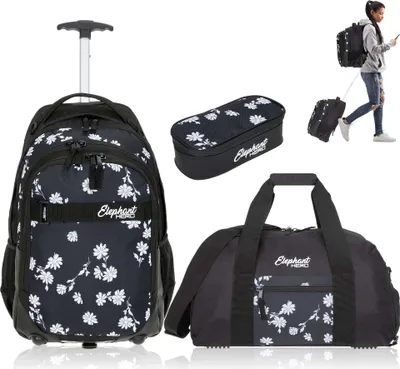 Produktbild von Schultrolley 3 Teile Set Mädchen Elephant Hero Signature Schulrucksack Trolley Sporttasche Mäppchen Box 12843 Black Flower