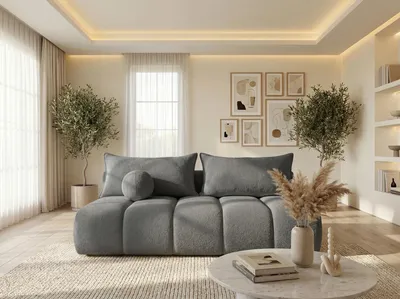 Produktbild von Schlafsofa mit Bettkasten – 3-Sitzer Sofa Couch mit Schlaffunktion, Bettfunktion – Skandinavische Polstercouch im modernen Design – Weqicher Bouclé, Bouclestoff – Grau