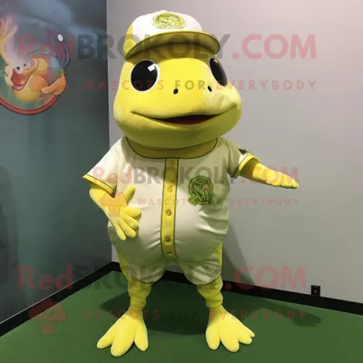 Produktbild von Maskottchen REDBROKOLY kostüm Zitronengelber Frosch bekleidet mit einem Baseball-T-Shirt und Einstecktüchern