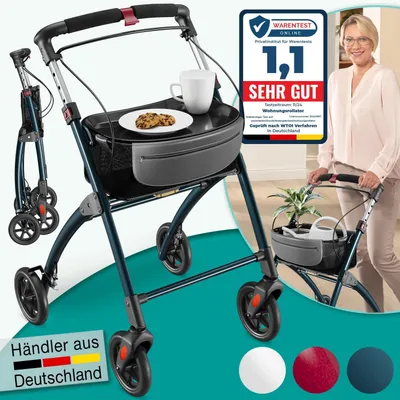 Produktbild von ELONEO Wohnungsrollator 54cm breit, faltbar und leicht, inkl. Tablett & Stoffkorb, Rollator schmal für die Wohnung, Indoor-Rollator, klappbar, Aluminium,Mobilität für Zuhause anthrazit
