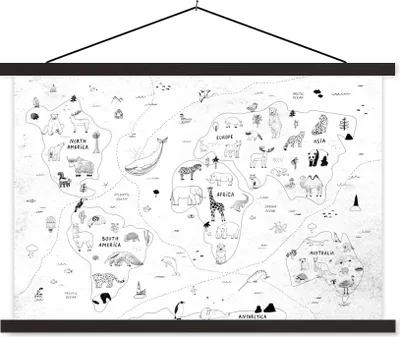 Produktbild von MuchoWow® Textilposter Weltkarte - Kinder - Weiß - Schwarz 60x40 cm mit schwarzem Rahmen - Hölzernes