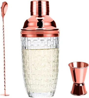 Produktbild von Cocktail Shaker Roségold und Glas Mixer 400ml mit Edelstahl Deckel und Sieb und Cocktail Löffel für Zuhause Bar