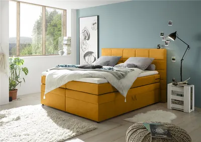 Produktbild von Boxspringbett 180x200 cm mit Bettkasten TEREZIN-09 Hotelbett in Uran senf