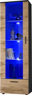 Produktbild von Komodee, Vitrine Schrank Alessandria, Schwarz/Wotan, Breite 60cm x Höhe 192cm x Tiefe 42cm, 3 Glasböden, 1 Regal aus laminierter Platte, für Wohnzimmer, Schlafzimmer, LED Blau