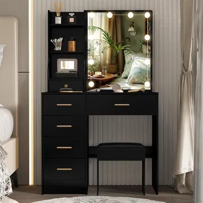 Productafbeelding van Make-up tafel met LED-verlichting en kruk, zwart. Cosmetische tafel met spiegel met schuifmechanisme, 6 lades en 6 opbergvakken, 80x36x130cm. Make-up tafel voor de slaapkamer