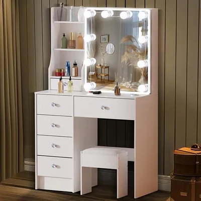 Produktbild von Schminktisch mit LED-Beleuchtung und Hocker, Frisiertisch mit Spiegel, 3 Lichtfarben, Kosmetiktisch mit 6 Ablagen und 6 Schubladen für Schlafzimmer Kinderzimmer 80x36x131cm