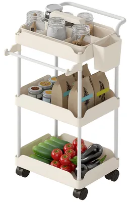 Productafbeelding van HOMCOM Keukenwagen, rollende serveerwagen met 3 niveaus en ophangmanden