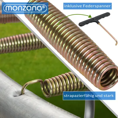 Close-up of trampoline springs and a spring tool, with a grassy background.