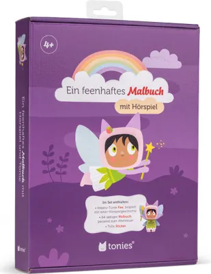 A product box for a children's coloring book and audio play set featuring a fairy character.