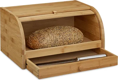 Produktbild von Relaxdays Rollbrotkasten mit Schublade, Bambus, aromadicht, Brotkasten mit Rolldeckel, HxBxT: 21x40,5x28 cm, Holz, natur