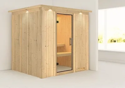 Produktbild von Plug & Play Sauna Karibu Achat VIII ohne Ofen mit Dachkranz und Ganzglastüre aus Klarglas