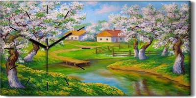 Produktbild von Dekor Leinwand Uhr Wandbilder 60x30 Malerei Landschaft Bäume Blumen Wasser - schwarze Hände