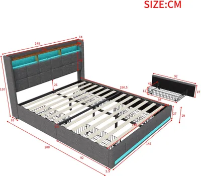 Obrázek produktu pro Manželská postel s úložným prostorem – dřevěný rám – 140 × 190 cm – vyžaduje montáž – šedá