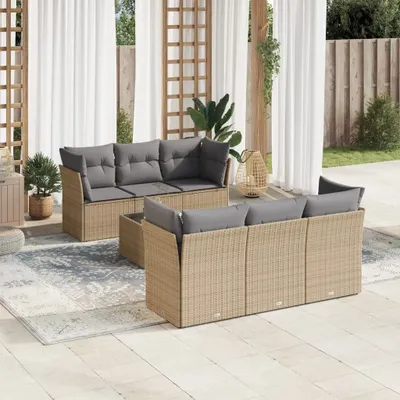 Produktbild von Design 7-tlg. Garten-Sofagarnitur mit Kissen Beige Poly Rattan, Gartenmöbel-Sets 2024 Neu