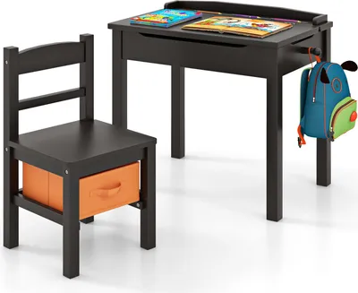 Produktbild von COSTWAY Kindertisch mit Stuhl, Schreibtisch aus holz mit Tischplatte, Schublade & Haken, Aktivitätstisch Kindersitzgruppe für Kinder ab 3+, Braun