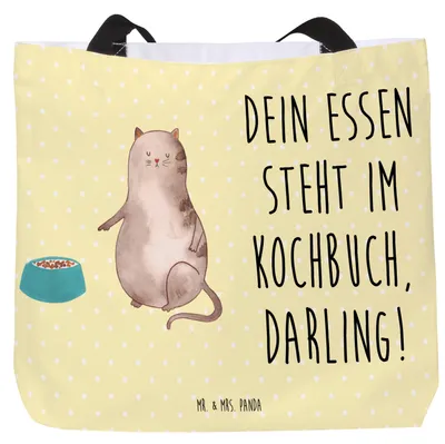 Produktbild von Mr. & Mrs. Panda Strandtasche Katze Fressen - Gelb Pastell - Geschenk, Schultasche, Tote Bag, XL Tasche, Reisetasche