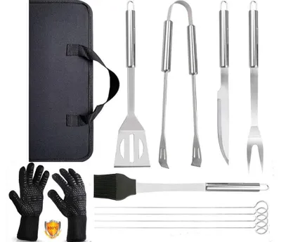 Image de Amalan Set de couverts pour barbecue, 9 pièces, acier inoxydable, gants