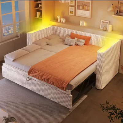 Obrázok produktu pre Rozkladací gauč 90x200 cm, rozťahovací na 180x200 cm, béžový, zo zamatu, s LED osvetlením, s roštom, bez matraca