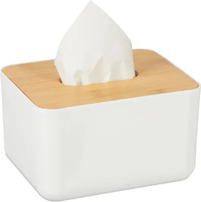 Produktbild von Relaxdays Tücherbox mit Deckel aus Bambus, fürs Bad, modernes Design, Kunststoff, H x B x T: 10 x 17 x 13 cm, weiß/natur