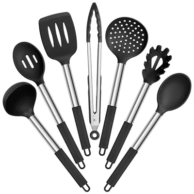 Produktbild von Silikon-Küchenhelfer-Set, 7-teilig, hitzebeständig, mit Edelstahlgriff, Pfannenwender, Löffel, Suppenkelle, Pastalöffel, Schaumlöffel, Zange