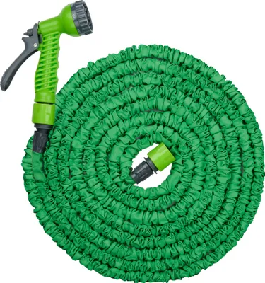 Produktbild von Kinzo Flexibler Gartenschlauch 15 m – inkl. Schlauch Aufsatz – Sprühkopf mit 7 Sprühpositionen – Kunststoff – Grün/Grau