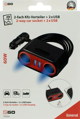 Obrázok produktu pre 2GO KFZ-2-Fach Verteiler 2x Zigarettenanzünder + 2x USB