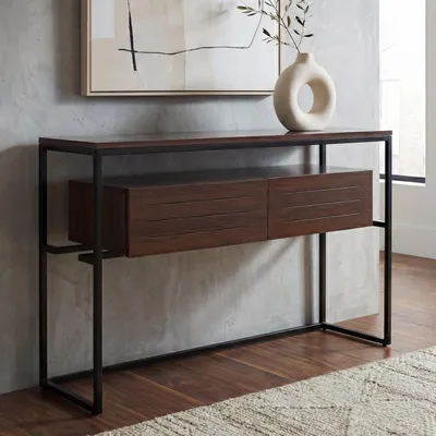 Obrázek produktu pro Konzolový stolek HWC-P46, telefonní stolek, odkládací stolek, zásuvka, kov, MDF, melamin, 80 x 120 x 40 cm  vzhled ořech