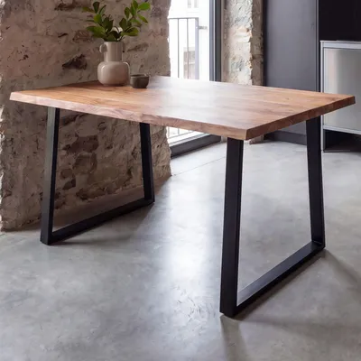 Immagine prodotto di FineBuy Tavolo da pranzo 120 cm rettangolare in legno massello di acacia con bordo naturale - Tavolo da pranzo industriale in legno massello naturale - Tavolo da cucina - Tavolo con bordo naturale