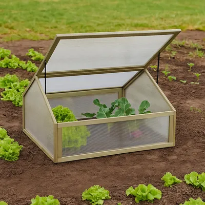 A cold frame greenhouse sits in a garden bed with rows of lettuce and other plants.