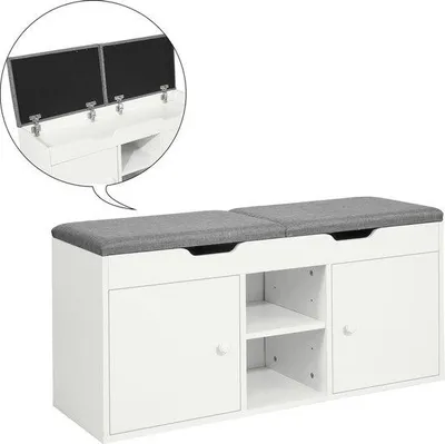 Zdjęcie produktu dla Regał na buty z 2 drzwiami – ławka na buty – schowek – poduszka do siedzenia – 100 x 48 x 34 cm