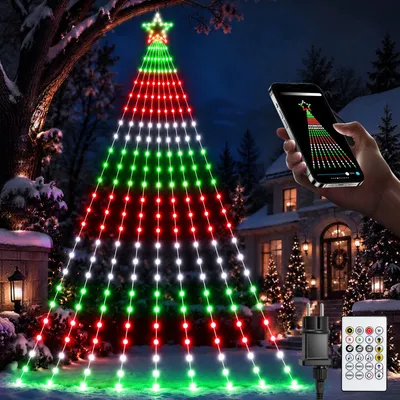 Image de Rideau lumineux d'extérieur, effet cascade, sapin de Noël, décoration de Noël, 5 mètres, 245 LED, RGB, contrôle via application, compatible Facebook, 20 étoiles + 25 bandes lumineuses, plus de 30 scènes, synchronisation avec la musique, minuterie