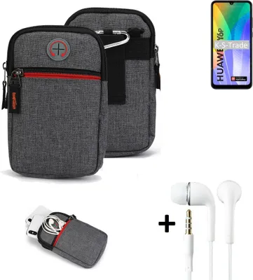 Produktbild von K-S-Trade Gürteltaasche + Kopfhörer kompatibel mit Huawei Y6p Handy Tasche Holster Schutz Hülle Handy Hülle grau Zusatzfächer 1x