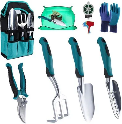 Obrázek produktu pro Sada 12 kusů zahradního nářadí Unyqoos® – kompletní sada s nástroji z hliníku, ergonomickými rukojeťmi z TPR materiálu, voděodolnou zahradní podložkou z PE a úložnou taškou