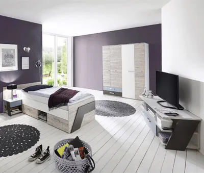 Produktbild von Jugendzimmer Set 4-teilig LEEDS-10 in Sandeiche Nb. mit weiß, Lava und Denim Blau mit Lowboard