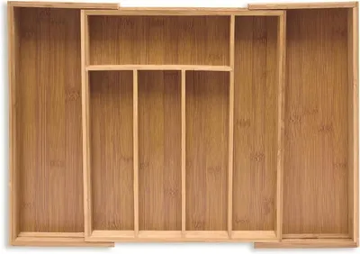 Produktbild von PolkaHome® Besteckkasten ausziehbar Bambus Besteckorganizer für Schubladen – 5 Fächer + 2 ausziehbare Fächer, Natur, 6,5 x 38 x 35,5