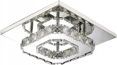 A square, modern ceiling light fixture with a mirrored surface and crystal accents.