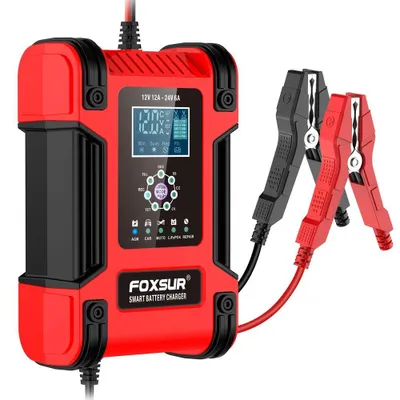Image de Chargeur de batterie pour véhicule - Chargeur automatique 12V 12A - Écran numérique - Charge d'entretien par impulsions - Pour batteries au plomb (à électrolyte liquide ou gel) - Rouge