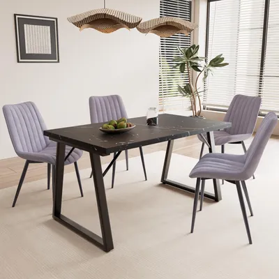 Produktbild von HOMAVO Esszimmer-Set – 1 Tisch 140×80 cm + 4 Stühle, Metall & MDF, Stabil und Robust, Stühle mit Samt- oder Kunstlederbezug, Elegant & Langlebig