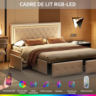 Immagine prodotto di Letto matrimoniale per adulti 140 x 200 cm, 4 cassetti, imbottito con luce LED, rete a doghe,Poliuretanobianco.