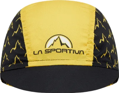 Gelbe und schwarze Radmütze von La Sportiva mit Berglogo und Zickzackmuster.