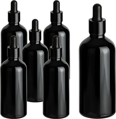 Produktbild von gouveo 6er Set Pipettenflaschen 100 ml aus Glas schwarz glänzend - Leere Apothekerflasche aus Glas - Tropfflasche mit Glaspipette